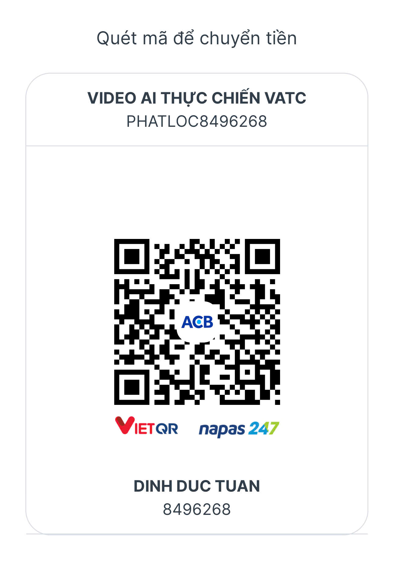 Mã VietQR ACB của DINH DUC TUAN, tài khoản 8496268